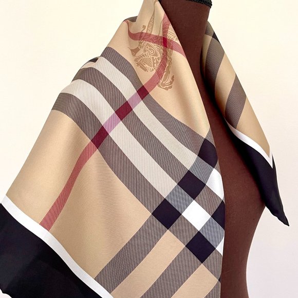 NWT Burberry Scarf Classic Beige Check Pattern Black Border Silk SWrap - Picture 5 of 14